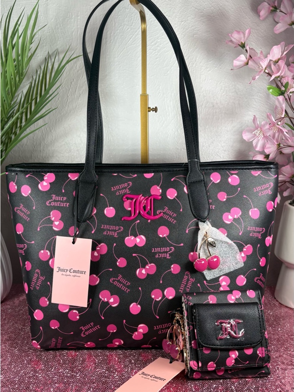 Juicy Couture Black & Pink Cherry Print Tote with Matching Wallet